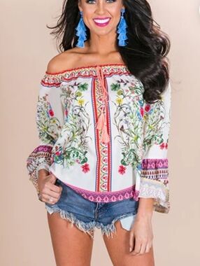 Umgee Floral Bell Sleeve Off Shoulder Blouse Sz Large
